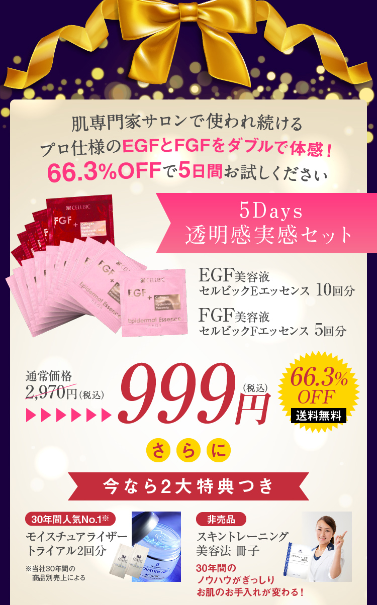 66.3%OFFで“本品”をお試しいただけます肌専門家サロンで15年以上使われ続けるプロ仕様のEGF・FGF美容液を体感してください　EGF&FGF集中ケアコース　初回限定999円　11,868円もお得!!　さらに今なら2大特典つき　30年間人気No.1※モイスチュアライザートライアル2回分　※当社30年間の商品別売上による　非売品　スキントレーニング美容法 冊子　30年間のノウハウがぎっしりお肌のお手入れが変わる！