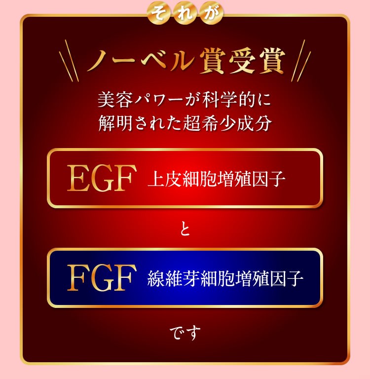 それがノーベル賞受賞　美容パワーが科学的に解明された超希少成分　EGF上皮細胞増殖因子とFGF線維芽細胞増殖因子です