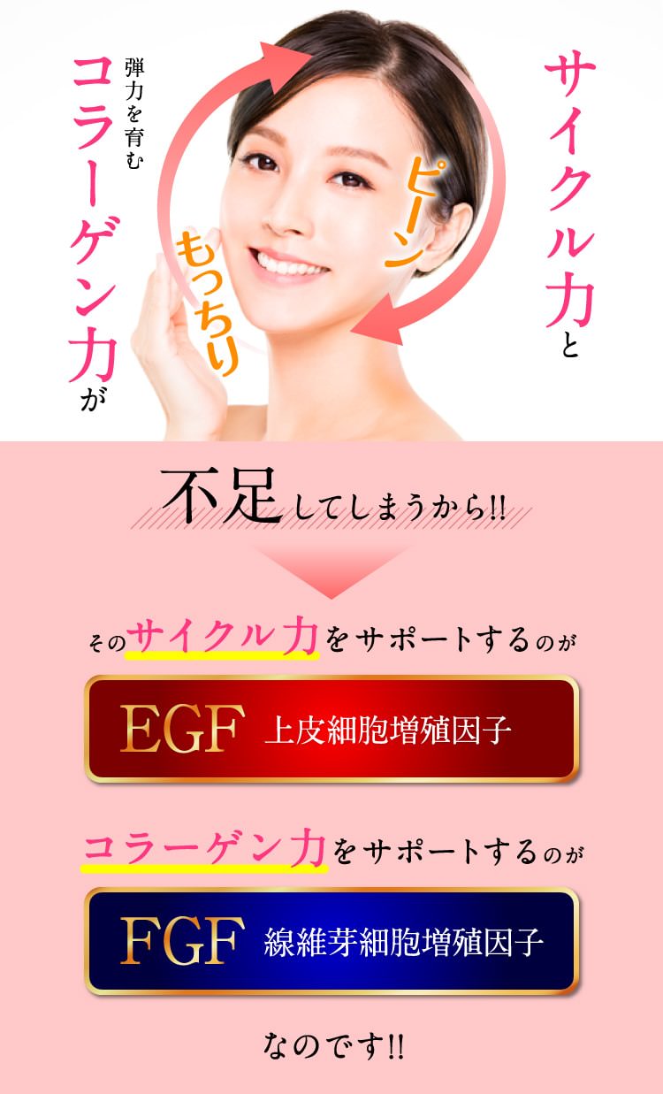 サイクル力と弾力を育むコラーゲン力が不足してしまうから!!そのサイクル力をサポートするのがEGF上皮細胞増殖因子コラーゲン力をサポートするのがFGF線維芽細胞増殖因子なのです!!