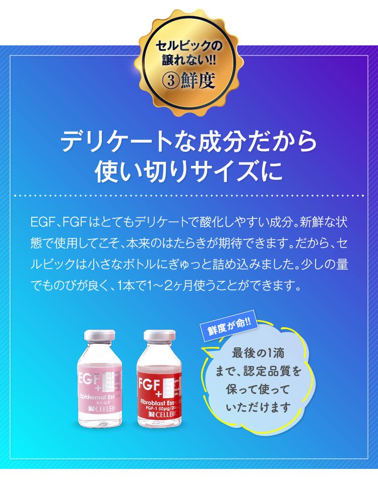 セルビックの譲れない!!③鮮度　デリケートな成分だから使い切りサイズに　EGF、FGFはとてもデリケートで酸化しやすい成分。新鮮な状態で使用してこそ、本来のはたらきが期待できます。だから、セルビックは小さなボトルにぎゅっと詰め込みました。少しの量でものびが良く、1本で1～２ヶ月使うことができます。　鮮度が命!!　最後の1滴まで、認定品質を保って使っていただけます