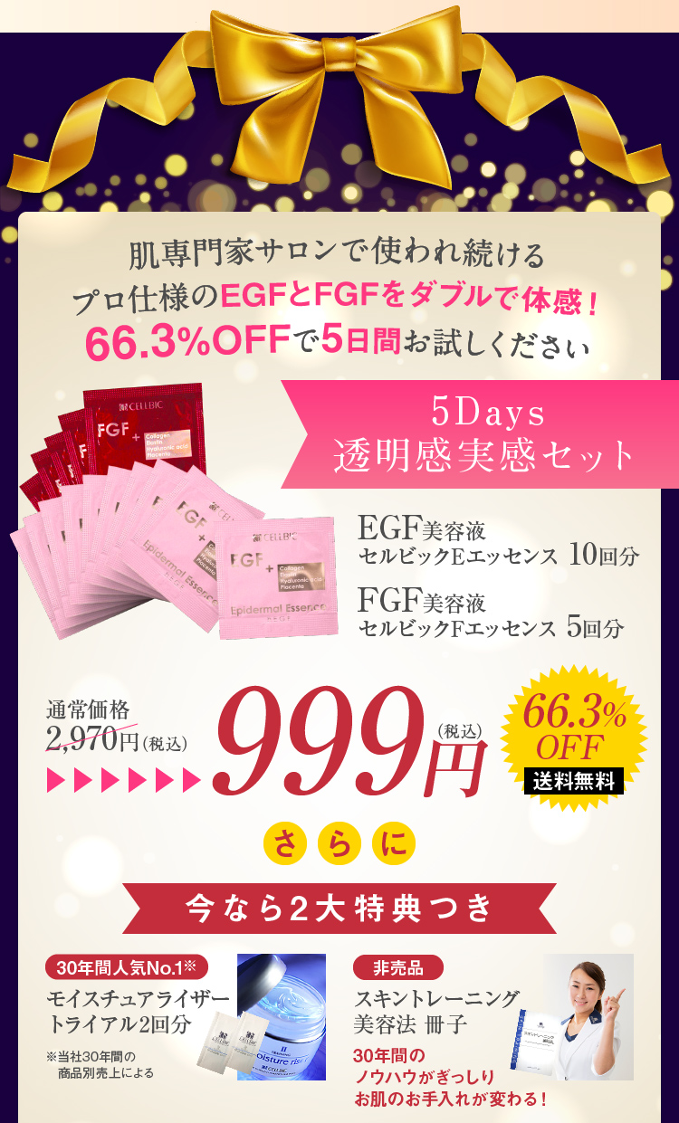 66.3%OFFで“本品”をお試しいただけます肌専門家サロンで15年以上使われ続けるプロ仕様のEGF・FGF美容液を体感してください　EGF&FGF集中ケアコース　初回限定999円　11,868円もお得!!　さらに今なら2大特典つき　30年間人気No.1※モイスチュアライザートライアル2回分　※当社30年間の商品別売上による　非売品　スキントレーニング美容法 冊子　30年間のノウハウがぎっしりお肌のお手入れが変わる！