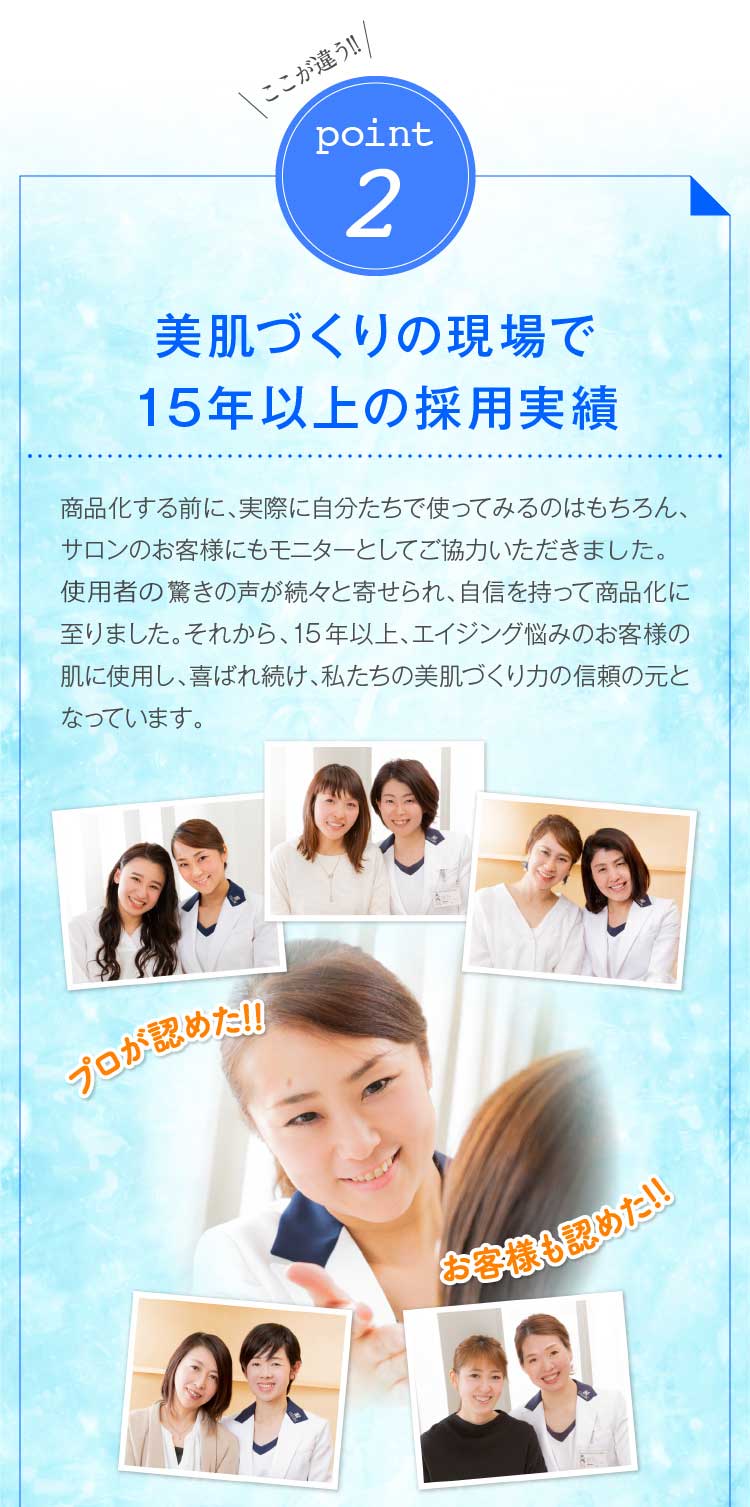 ここが違う!!point2ノーベル賞受賞特許取得の画期的な発見　EGFの発見と研究の功績により、生理化学者スタンレー・コーエン博士が1986年にノーベル医学生理学賞を受賞。また、1997年、ブラウン博士が、EGF・FGFの持つ「成長力」、「コラーゲン力」にかかわる実験で特許を取得しました。