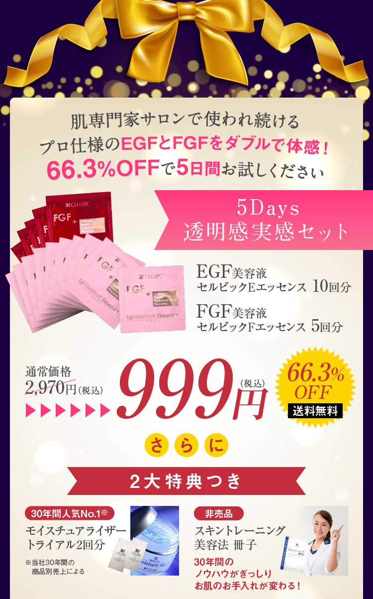 肌専門家サロンで使われ続けるプロ仕様のEGFとFGFをダブルで体感！66.3%OFFで5日間お試しください 5Days透明感実感セット 999円　送料無料 今なら2大特典つき モイスチュアライザートライアル2回分 スキントレーニング美容法 冊子