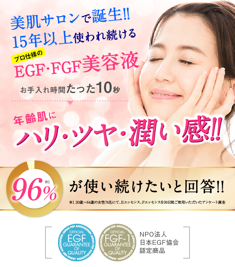 美肌サロンで誕生!!15年以上使われ続けるプロ仕様のEGF・FGF美容液 お手入れ時間たった10秒 年齢肌に ハリ・ツヤ・潤い感!! 96%が使い続けたいと回答 ※1 20歳〜64歳の女性74名にて、Eエッセンス、Fエッセンスを30日間ご使用いただいたアンケート調査NPO法人日本EGF協会認定商品