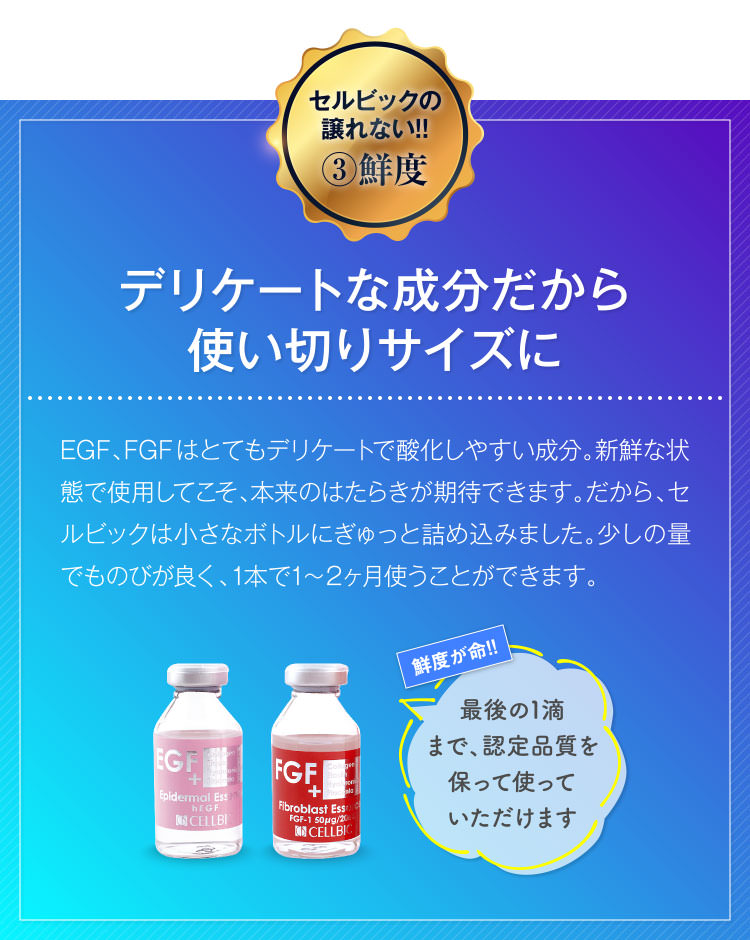 セルビックの譲れない!!③鮮度 デリケートな成分だから使い切りサイズに EGF、FGFはとてもデリケートで酸化しやすい成分。新鮮な状態で使用してこそ、本来のはたらきが期待できます。だから、セルビックは小さなボトルにぎゅっと詰め込みました。少しの量でものびが良く、1本で1~2ヶ月使うことができます。 鮮度が命!! 最後の1滴まで、認定品質を保って使っていただけます